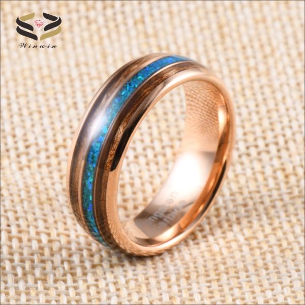 Wood and Opal Inlay 8mm Tungsten Ring in Rose Gold for Fashionable Religious Style Wedding Band