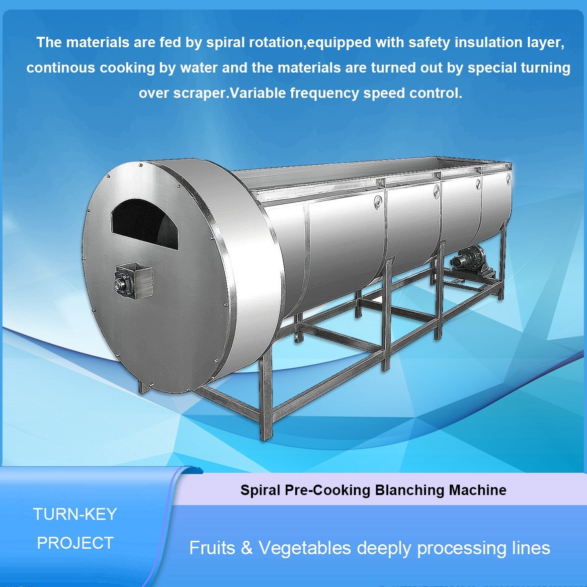 Обрабатывающее оборудование плода Blaching стали 1.5T/H спиральное Precooking Stianless полноавтоматическое