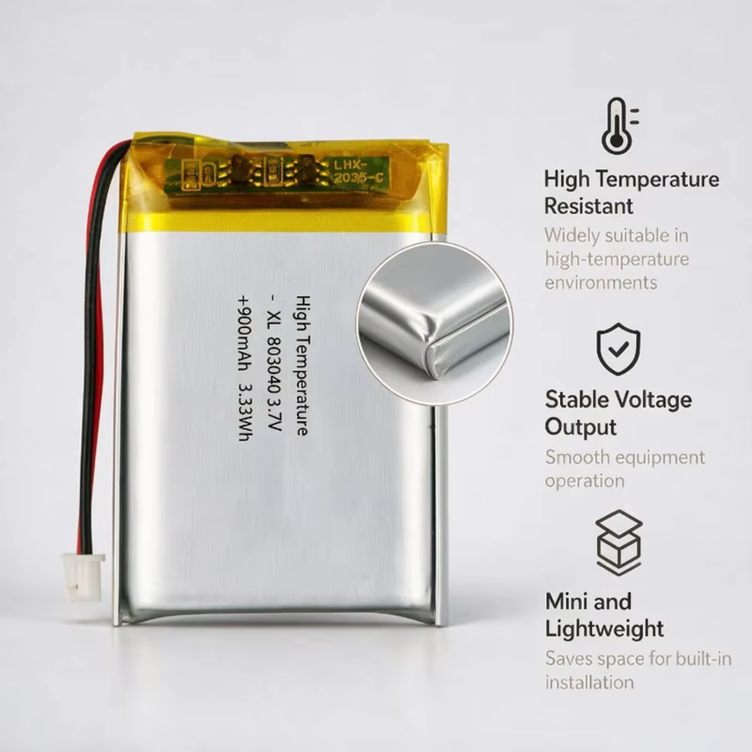 High Stability Heat Resistant 803040 Lithium Polymer Battery 3.7V 900mAh Cell for Portable Detection Instruments