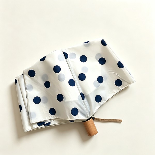 Lightweight Women's Polka Dot Travel Umbrella with Solid Wood Handle - Portable 3 Fold Parasol