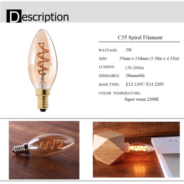 Лампа шарика шарика E14 E12 110V 220V 3W винтажная Edison нити СИД спирали C35