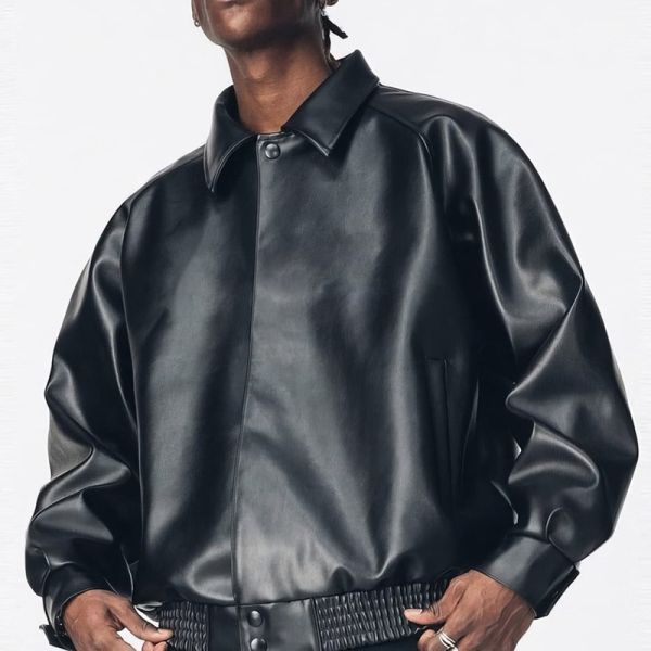 Vêtements de rue en cuir Pu Vêtements de baseball en cuir noir Vêtements de rue de style vintage Eco-friendly