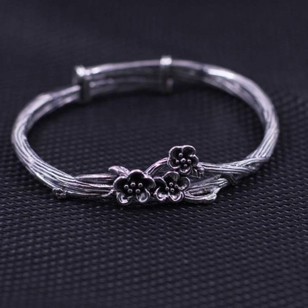 Sterling Silver Bangle Cuff Bracelet Engraved Flower Vintage Jewelry (049093W)