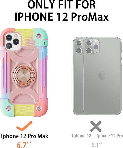 iPhone 12 Pro Max Case 6.7 - Heavy-Duty Shockproof, Ring Stand, Glass Screen & Camera Lens Protector (Rainbow Pink)