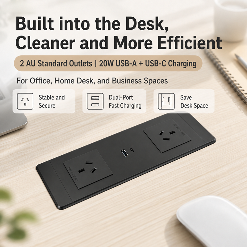 Flush Mount Desk Power Strip with 2 AU Outlets 20W USB C SAA Approved Alloy Material V0 flame