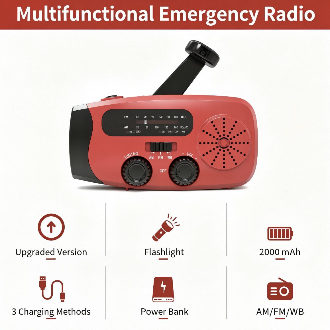 Portable Emergency Solar-powered Hand-cranked Radio With Led Flashlight And Fm Radio