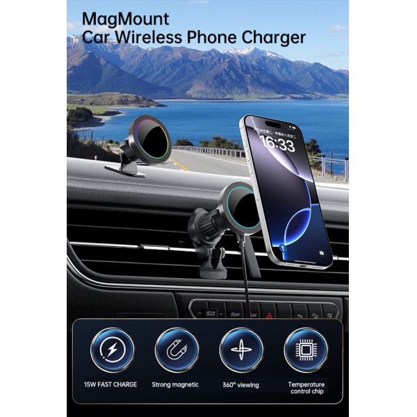 Soporte inalámbrico para teléfono de coche con carga rápida y efecto de luz RGB para soporte de cargador de iPhone con textura de aleación de aluminio