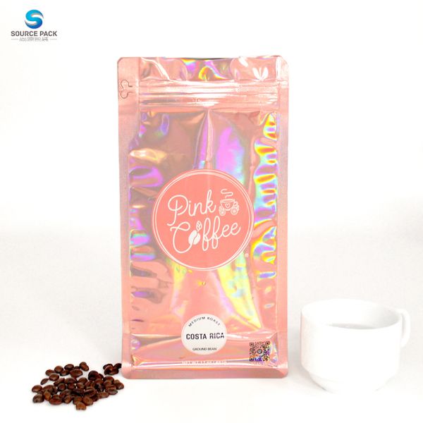 Customizable Holographic Flat Bottom Coffee Bag With Valve And Zipper