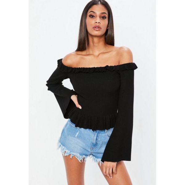 Tops negros de la ropa del top de la cosecha de la mujer del punto del volante de la primavera