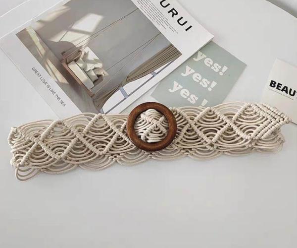 5cm Width Woven Cotton Waist Belt Round Wooden Buckle