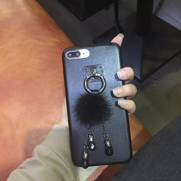 PU Black Metal Buckle Small Hairball Pearls Pendant Strap Cell Phone Case For iPhone 7 6s Plus