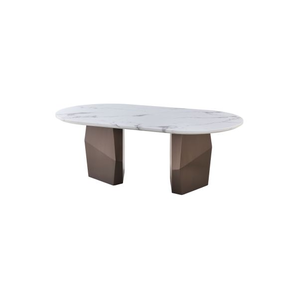 T1055 Oval White Marble coffee Table with Geometric Bronze Base Modern Minimalist