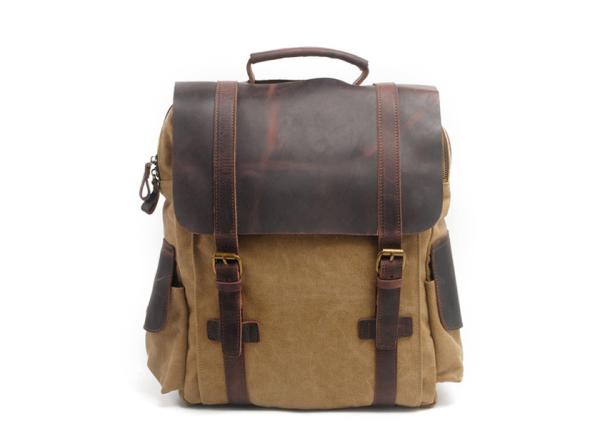 CL-502 Khaki Classical Design Vintage Mens Canvas Leather Backpack