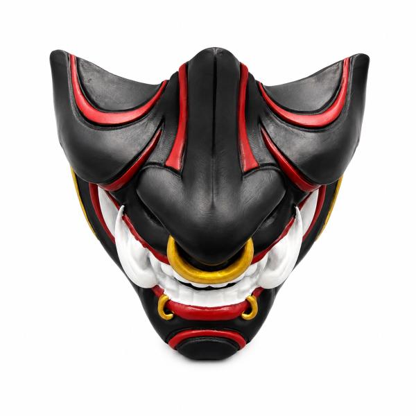 Resin Demon Half Face Mask, Black Red Oni Style Costume Mask with Gold Ring Accents for Adults, Halloween Cosplay, Masquerade Party, Festival Outfit, Photo Shoot and Stage Performance