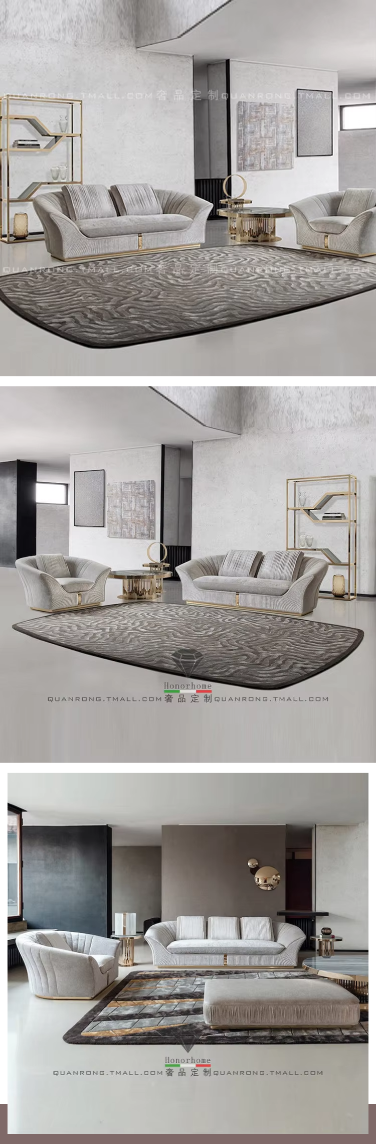 Gold Stainless Steel Base 3 Seater Luxury Dark Gray Velvet Fabric Quilted Finish Charisma Fixed Sofa