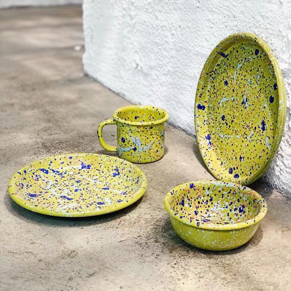Speckle Enamel Coating Soup Bowl Plate Round Plate Mug Cup Bowl Dish Set