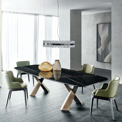 Tabela de jantar de luxo contemporânea de base X cerâmica de mármore