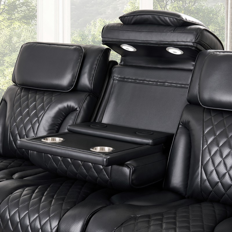 Power Recliner Sofa set with Power Headrests and Dropdown Table and Speaker and Storage and LED Light, Massage Function, Black Leatherette