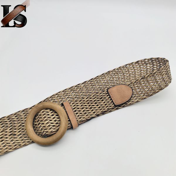 Fashion Bohemian Style Wholesale Stretch PP Straw Woven Round Rattan Wooden Buckle Belt