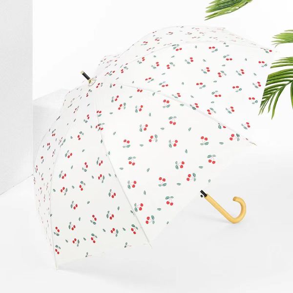 Fresh Design Leaf Cherry Wooden Handle Straight Umbrella Automatic Open Waterproof Fashion Umbrella
