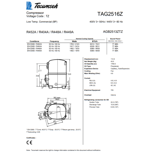 R404A TAG2516Z-KZ Hermetic Piston Refrigeration Compressor 400V 3PH 50Hz 440V 60Hz