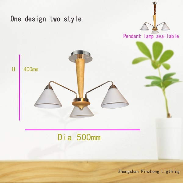 Household 3 arms mini wood pendant lamp glass shade chrome lighting CE/ROHS made in China