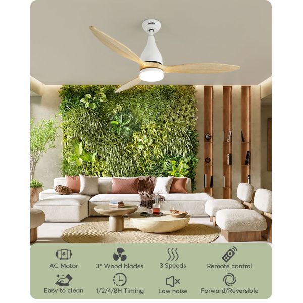 Ventilador de teto de madeira LED com controle remoto 3 velocidades Motor AC ajustável e puro de cobre