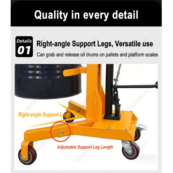 DTF450-1 Foot-Operated Hydraulic Drum Truck (Adjustable Support Legs)