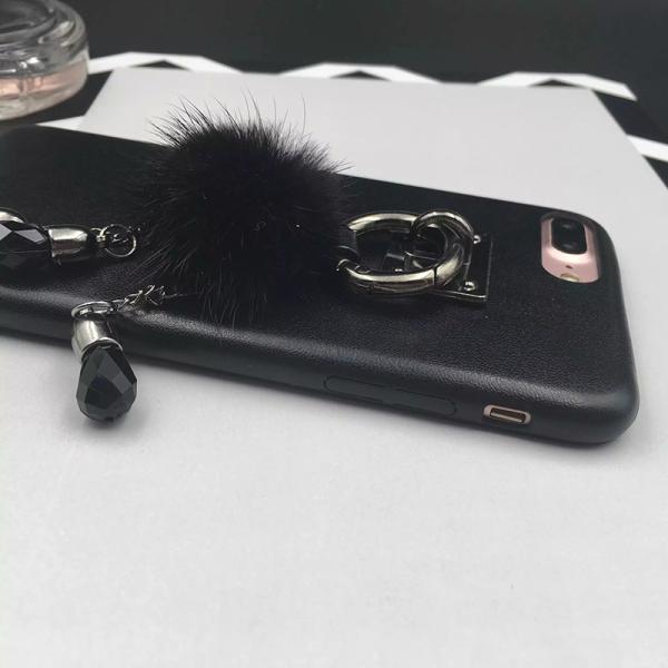 PU Black Metal Buckle Small Hairball Pearls Pendant Strap Cell Phone Case For iPhone 7 6s Plus