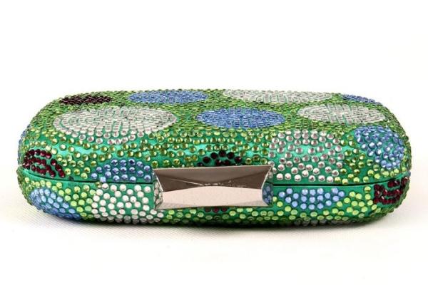 Hot Fix Green Rhinestone Evening Bags With Decorative Multicolor Dots