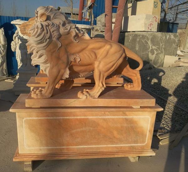 Garden decoration Stone walking lions pink marble animal sculpture,stone carving supplier