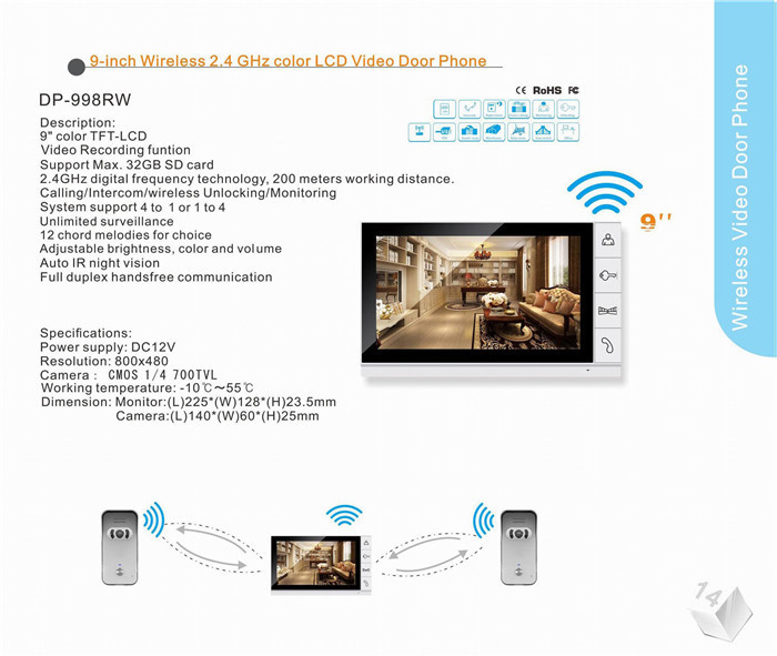 9 LCD body sensors villa intercom system color video door camera for residential intercom systems