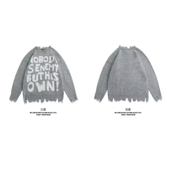 Men's Standard Thickness Round Neck Knitwear Coat with Letters Loose Fit Sweater