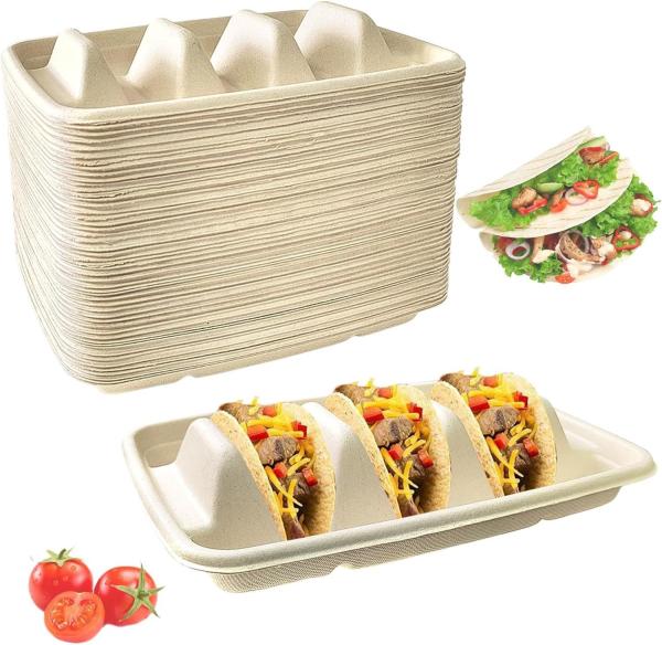 Disposable Biodegradable Sugarcane Bagasse TACO Box Corn Starch TACO Tray With Lid Mexican Corn Tortilla TACO Packaging