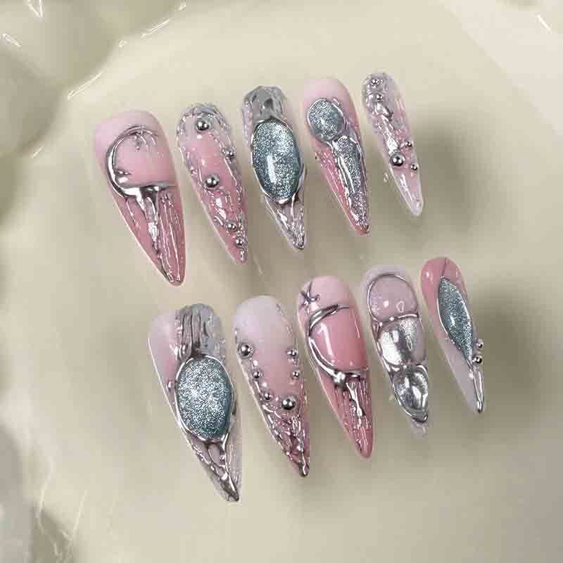 Reusable Nail Art Handmade Press On Nails Long Stiletto Pink Silver Liquid Metal