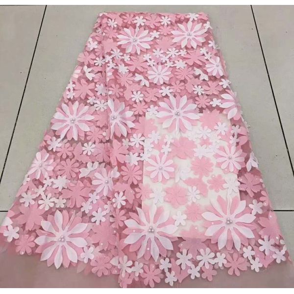 Pink 3D Flower Embroidered Mesh Lace Fabric , Sequin Beaded Lace Tulle For Dress Show