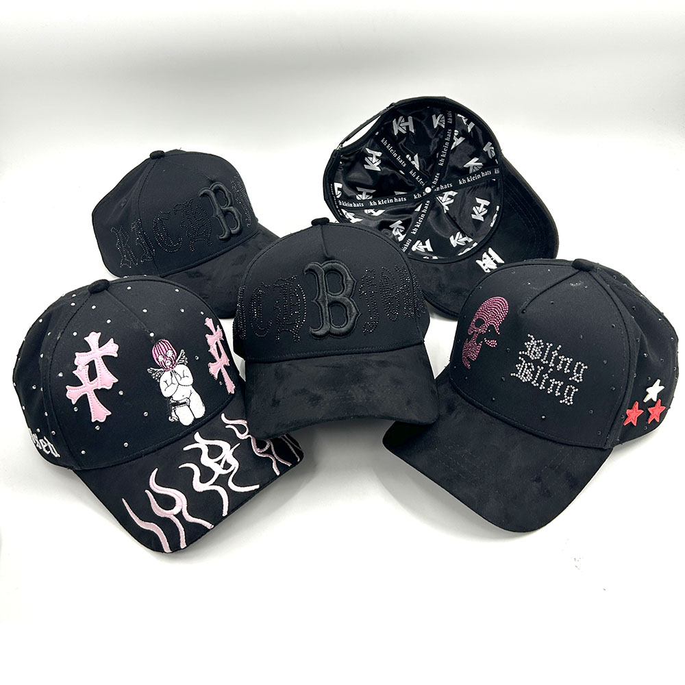 Suede Baseball Hat Satin Lined Embroidered Cotton 5 Panel Brim Rhinestone And Leather Stars