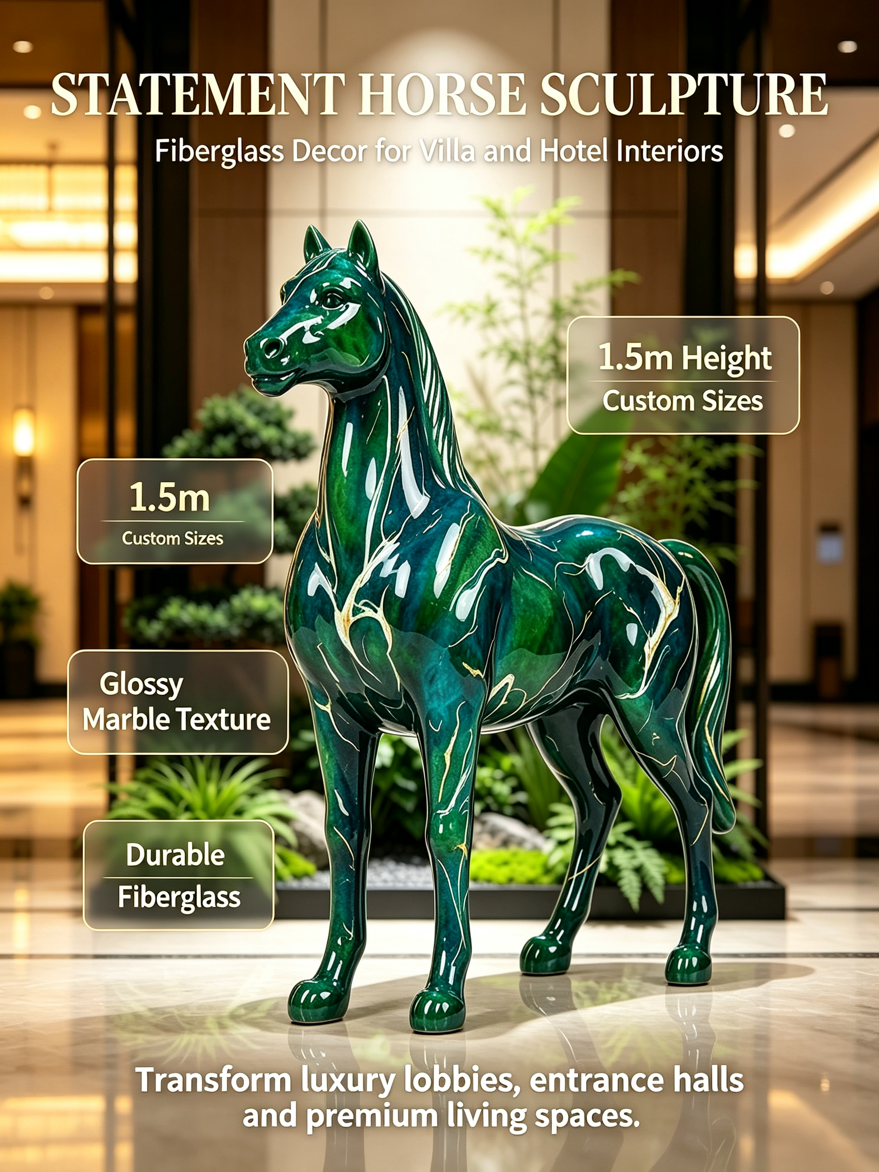 Luxury Marbled Gold Vein Horse FRP Sculpture with Waterproof IP65 and Customized Designs