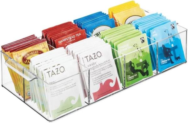 Plastic Condiment Organizer and Tea Bag Holder - 8-Compartment Kitchen Pantry/Countertop Storage Caddy - Divided Chip