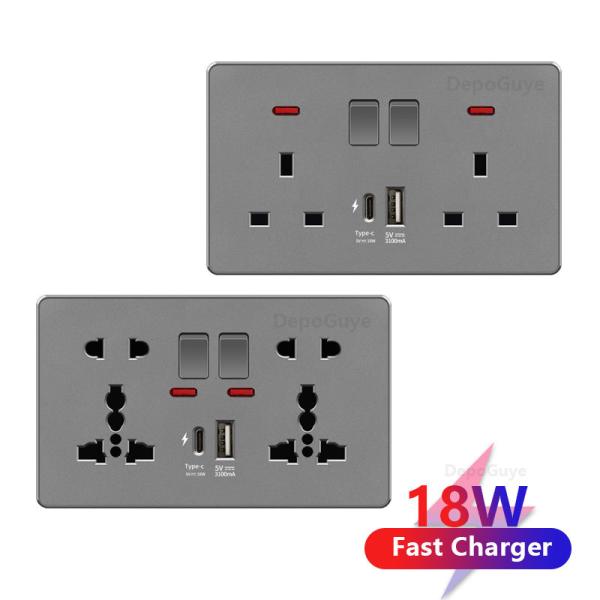 Hot Selling Nordic Grey 13A UK Standard Wall Switch Socket Universal USB Electrical Socket Light Switch 1gang 2way