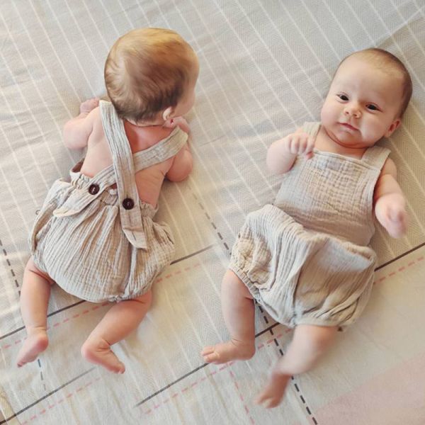 Summer Cotton Muslin Baby Clothes Sleeveless Romper Strap Pants With Pocket Solid Baby Bodysuit