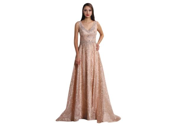 Sequined Ball Gown Ladies Sleeveless Evening Dress Backless V Neck Design