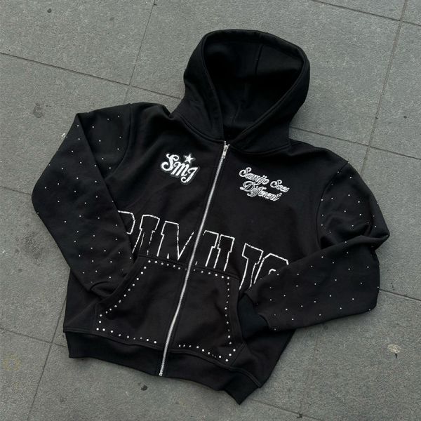 Custom Rhinestone Zip Up Hoodie 450 gsm Thick Heavy Weight Screen Printing Logo Streetwear Zipper Hoodies Men