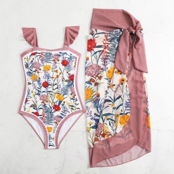 O biquini franjado três senhoras do roupa de banho da parte pisca pano flor do terno de natação de 3 partes que imprime o material de nylon
