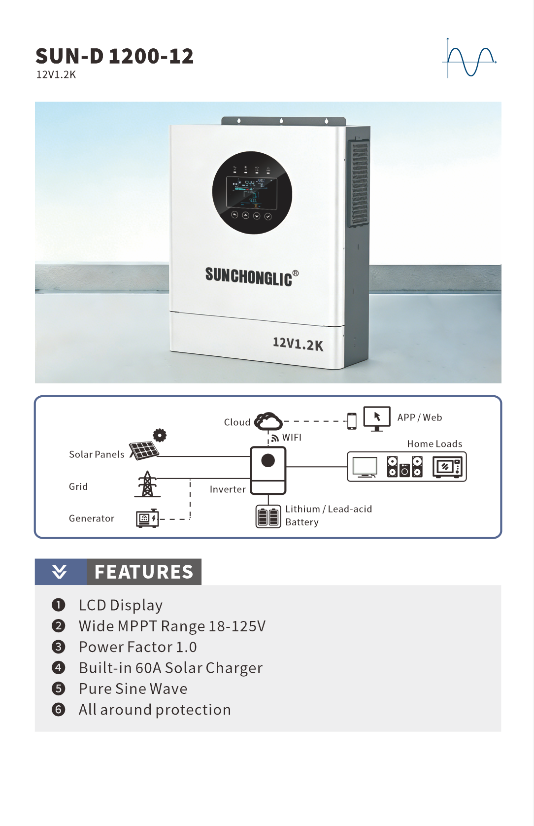 1.2kW Pure Sine Wave Hybrid Solar Inverter with MPPT Dual AC/PV Charging and UPS Function