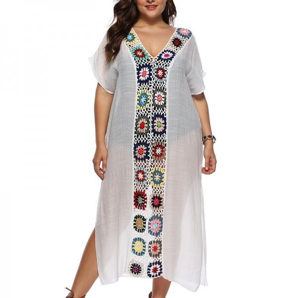 Женщины белые видеть-через платье стиля кимоно пляжа макси с цветком печатают