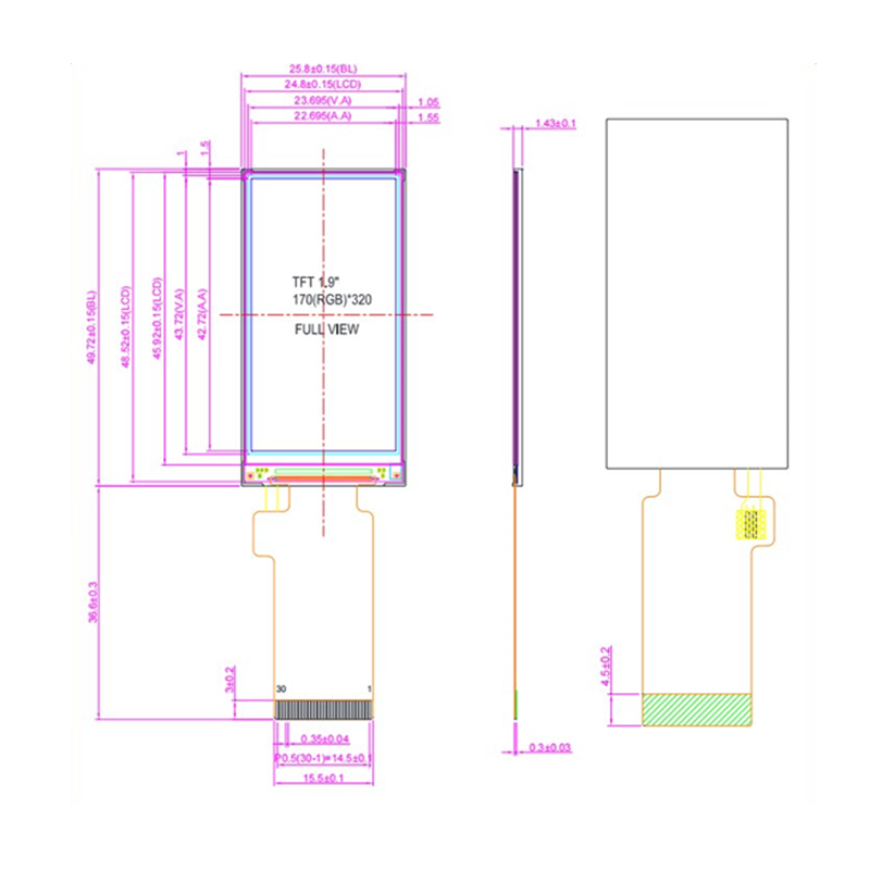 1.9 inches, driven by ST7789, 170X320 TFT high-definition display screen, optional with plastic frame backlight bare screen, plastic and iron integrated bare screen, SPI interface module