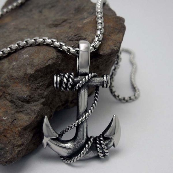 925 Silver Plated Titanium Steel Necklace with Anchor Pendant for Men(SP408)