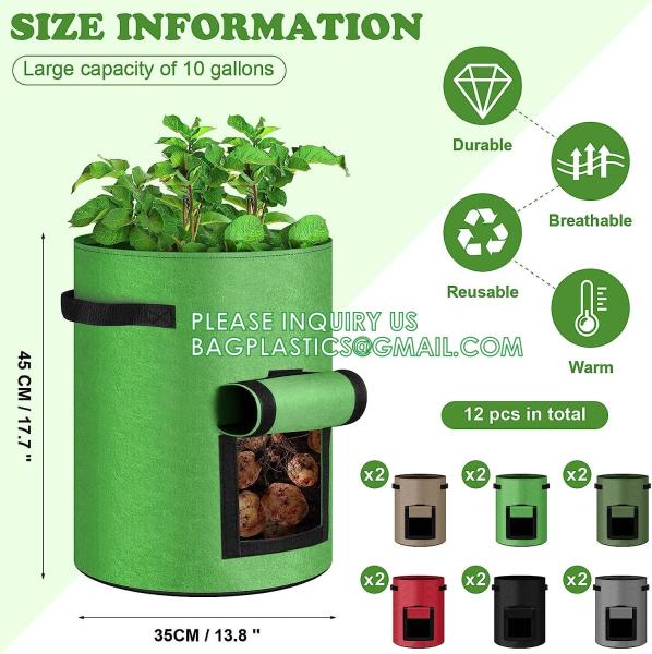 Potato Grow Bags, 4 Pack 10 Gallon With Flap And Handles Planter Pots For Onion, Fruits, Tomato, Carrot - Green
