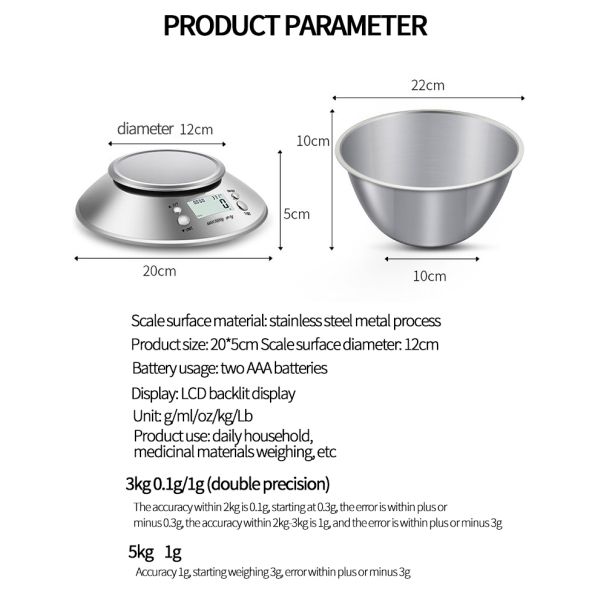 254*85*27 mm Stainless Steel High Accuracy Electronic Digital Kitchen Weight Scale with 5kg Maximum Weight Recommendation